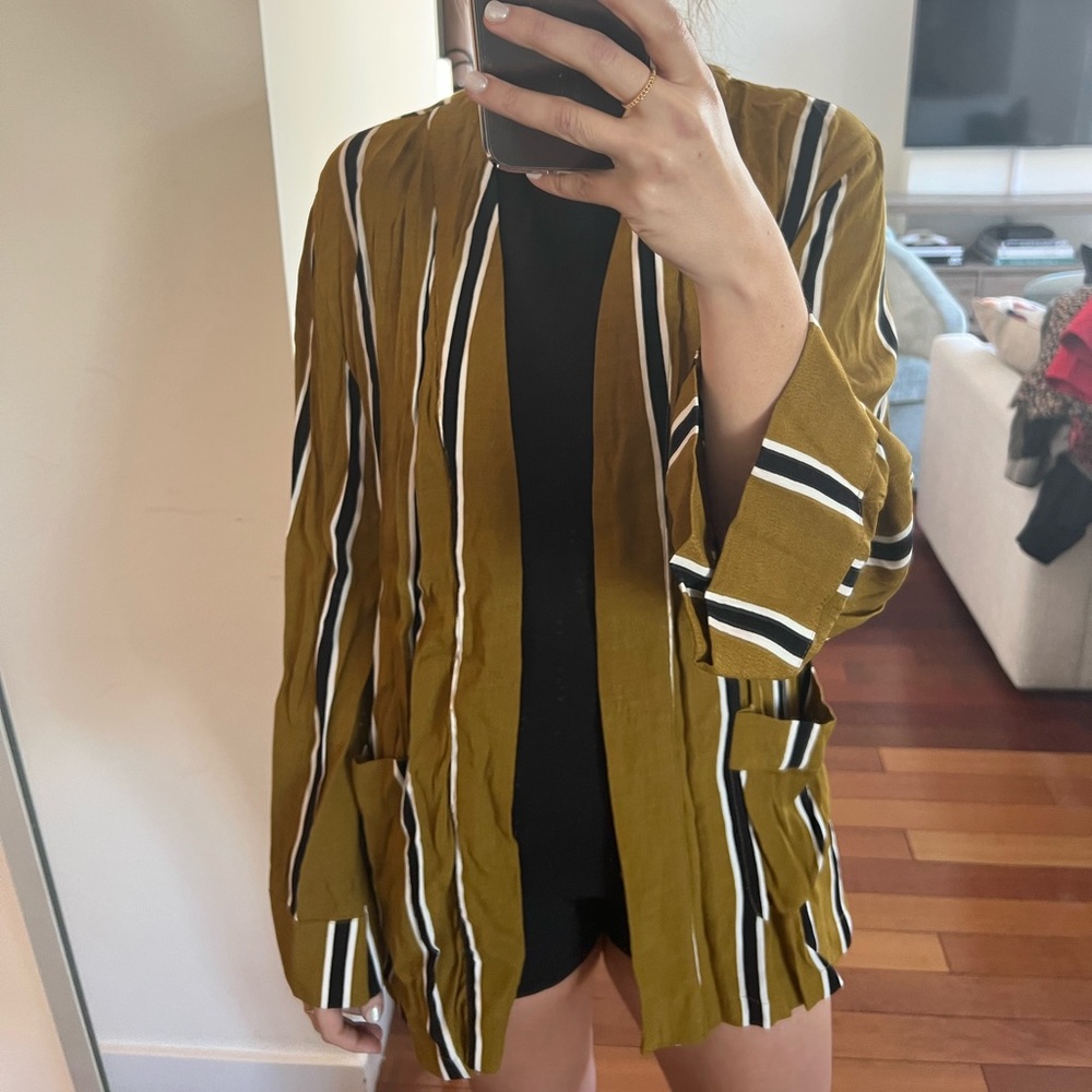 Olivaceous mustard striped shawl jacket with tie waist